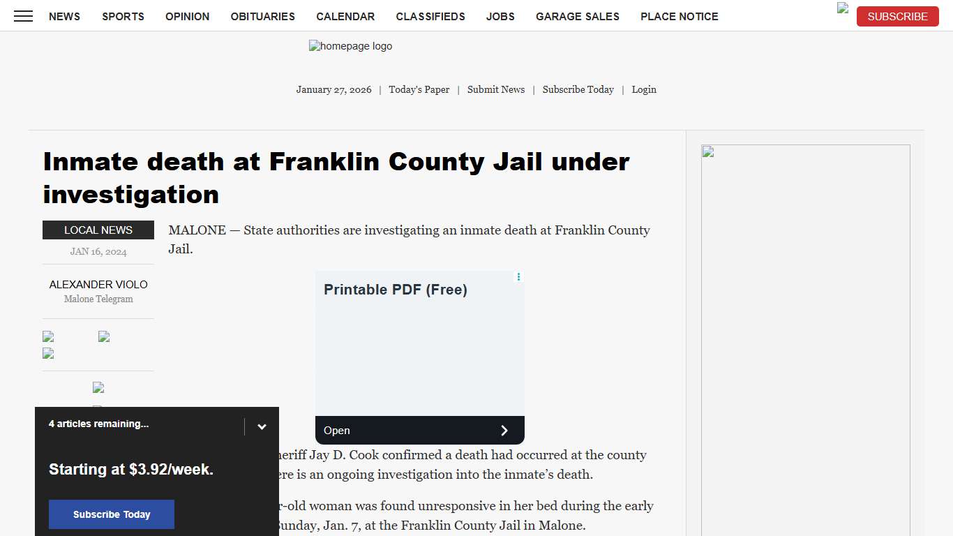 Inmate death at Franklin County Jail under investigation News, Sports, Jobs - Adirondack Daily Enterprise